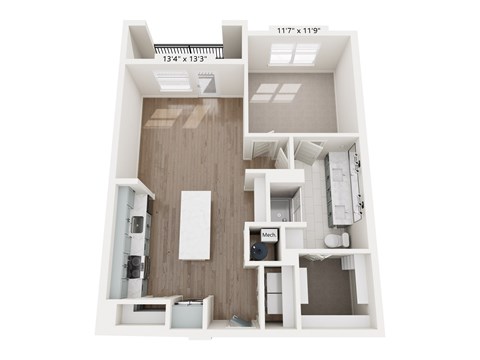 A 13x13 room with a kitchen and a bathroom.